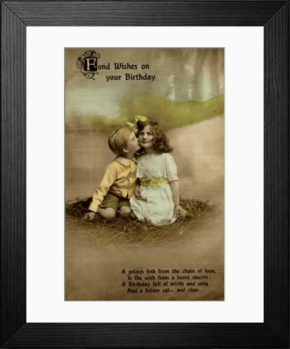 Framed Print : Little girl and boy on birthday postcard Framed Print : Little girl and boy on birthday postcard