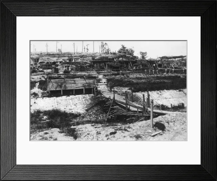 Framed Print : Dugouts, bridge and burial area, WW1 Framed Print : Dugouts, bridge and burial area, WW1