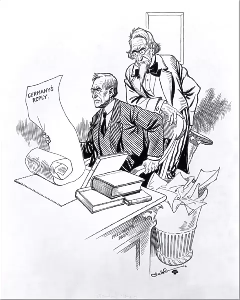 Cartoon, President Wilson reading Germans Reply