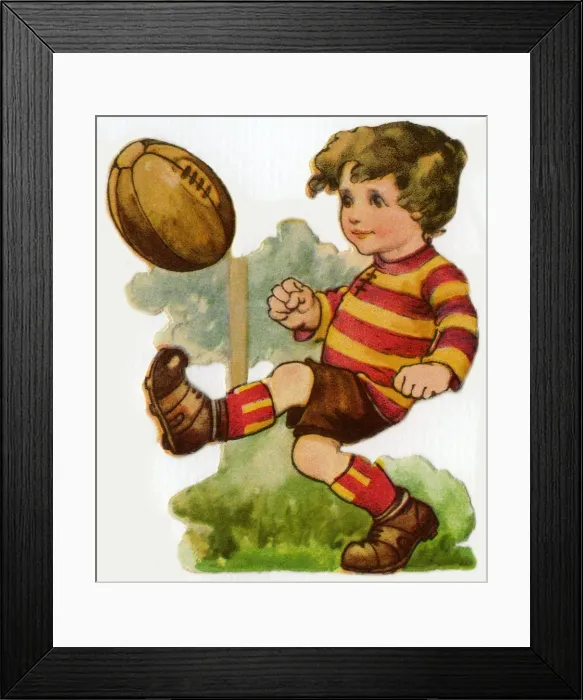 Framed Print : Rugby. Artist: Ada Leonora Bowley. Kicking the ball Date: circa 1920 Framed Print : Rugby. Artist: Ada Leonora Bowley. Kicking the ball Date: circa 1920