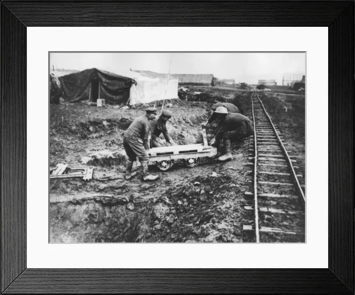 Framed Print : British troops working on light railway, WW1 Framed Print : British troops working on light railway, WW1