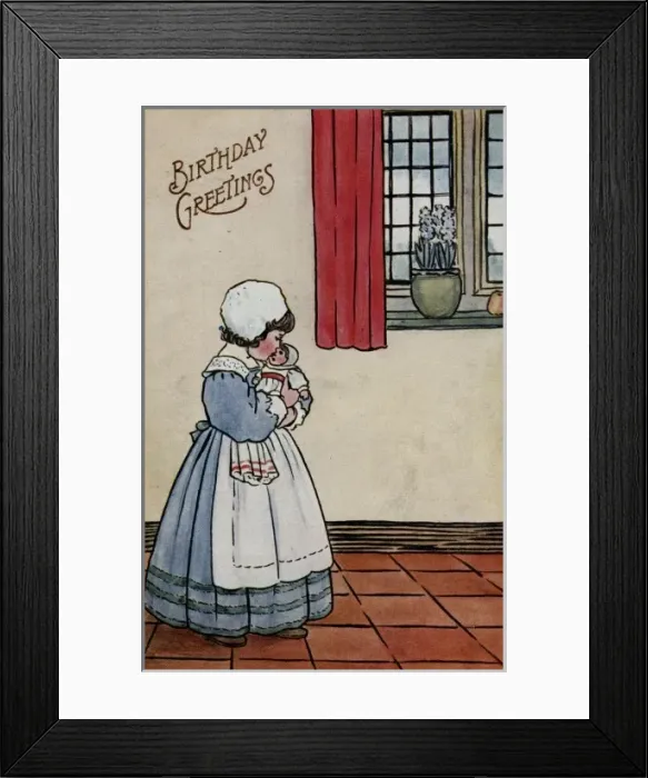 Framed Print : Little girl with doll on a birthday postcard Framed Print : Little girl with doll on a birthday postcard