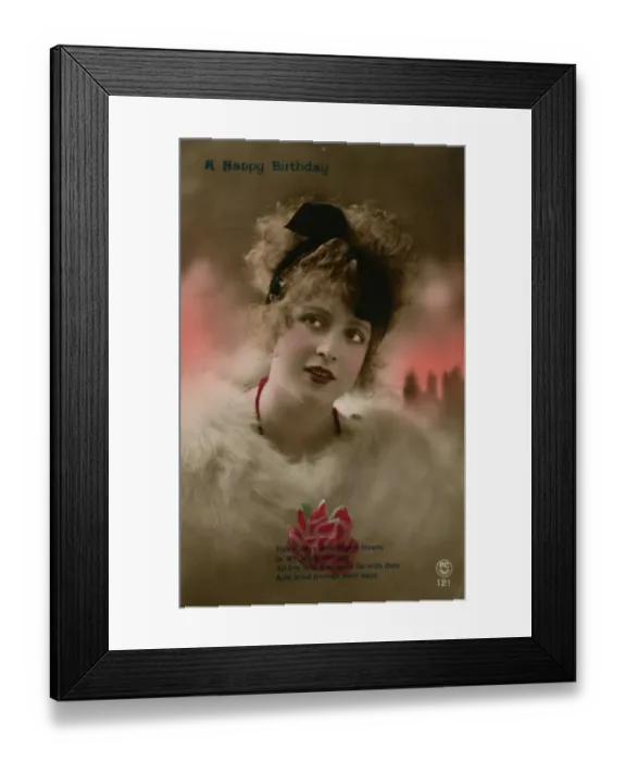 Framed Print : Young woman in white fur on a birthday postcard Framed Print : Young woman in white fur on a birthday postcard