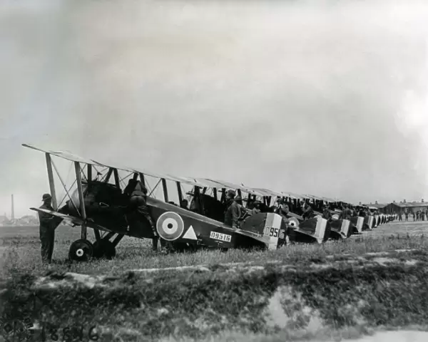 Sopwith Camel biplanes on an airfield, WW1