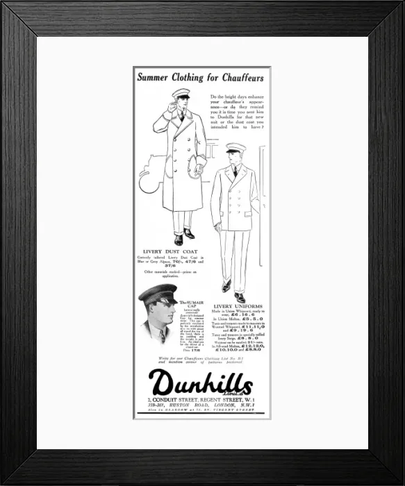 Framed Print : Dunhills clothing for chauffeurs advertisement Framed Print : Dunhills clothing for chauffeurs advertisement