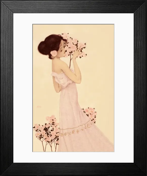Framed Print : Lady with a bunch of pink roses Framed Print : Lady with a bunch of pink roses