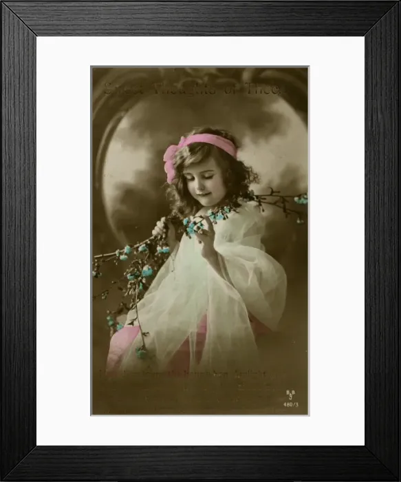 Framed Print : Little girl in pink and white with blue flowers Framed Print : Little girl in pink and white with blue flowers