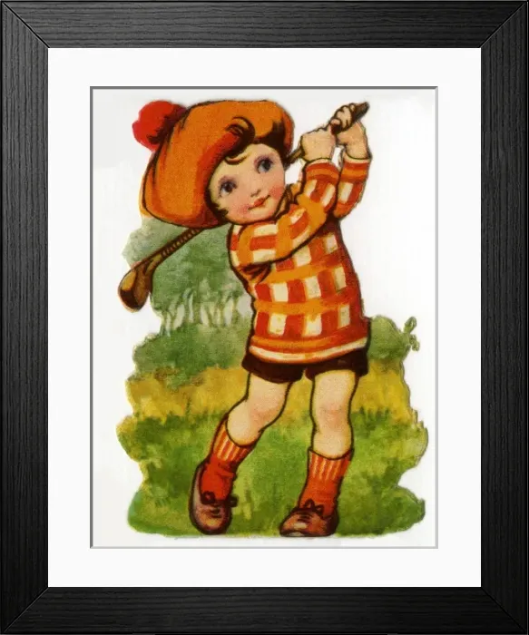 Framed Print : Golf. Artist: Ada Leonora Bowley. Boy in tam o shanter drives down the fairway Date Framed Print : Golf. Artist: Ada Leonora Bowley. Boy in tam o shanter drives down the fairway Date