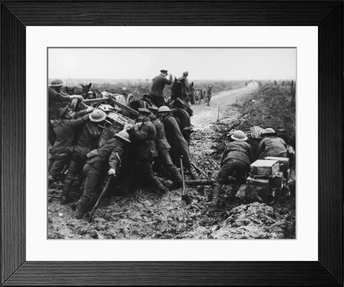 Framed Print : British troops extricating water cart from shell hole, WW1 Framed Print : British troops extricating water cart from shell hole, WW1