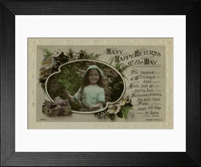 Framed Print : Little girl in blue on a birthday postcard Framed Print : Little girl in blue on a birthday postcard