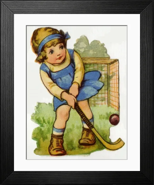 Framed Print : Hockey. Artist: Ada Leonora Bowley. Young girl with hockey stick plays the ball Date Framed Print : Hockey. Artist: Ada Leonora Bowley. Young girl with hockey stick plays the ball Date