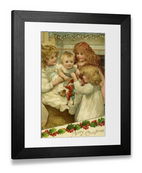 Framed Print : Christmas. 3 girls with a baby and a harlequin doll Framed Print : Christmas. 3 girls with a baby and a harlequin doll