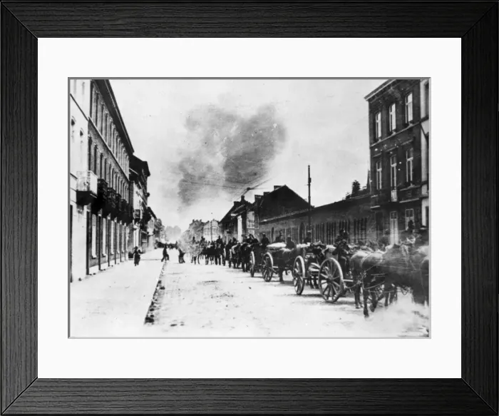 Framed Print : Belgian artillery leaving Tirlemont, Belgium, WW1 Framed Print : Belgian artillery leaving Tirlemont, Belgium, WW1