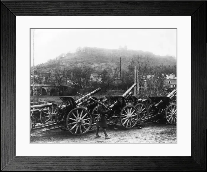 Framed Print : Soldier guarding captured guns, Montmedy, France Framed Print : Soldier guarding captured guns, Montmedy, France