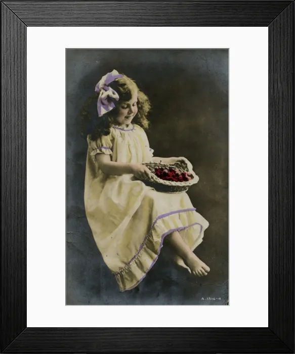 Framed Print : Little girl in yellow dress with basket of fruit Framed Print : Little girl in yellow dress with basket of fruit