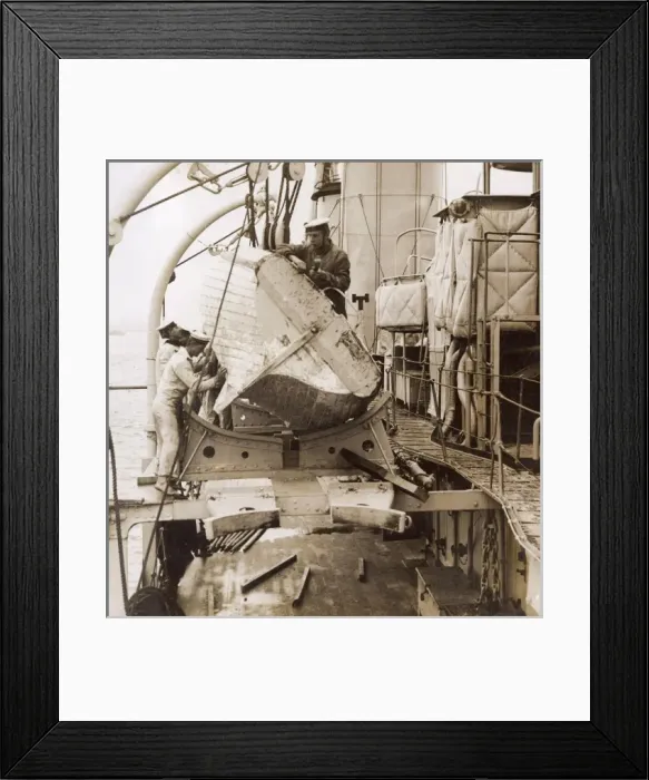 Framed Print : Sailors repairing a boat on a ship, WW1 Framed Print : Sailors repairing a boat on a ship, WW1