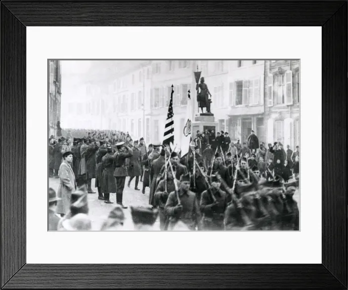 Framed Print : American troops marching through Neufchatel, WW1 Framed Print : American troops marching through Neufchatel, WW1