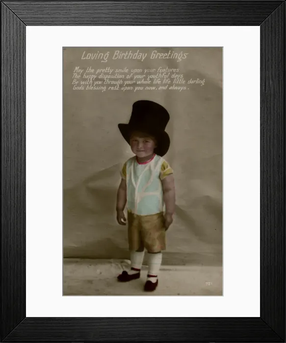 Framed Print : Little boy in large top hat on a birthday postcard Framed Print : Little boy in large top hat on a birthday postcard