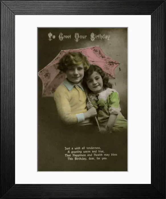 Framed Print : Little girl and boy on birthday postcard Framed Print : Little girl and boy on birthday postcard