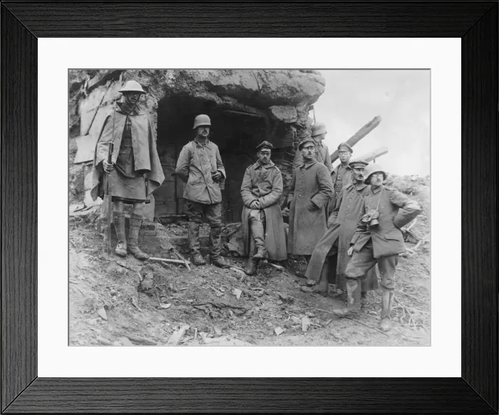 Framed Print : Captured German officers outside concrete bunker, WW1 Framed Print : Captured German officers outside concrete bunker, WW1