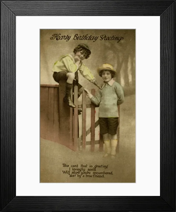Framed Print : Two boys at a garden gate on a birthday postcard