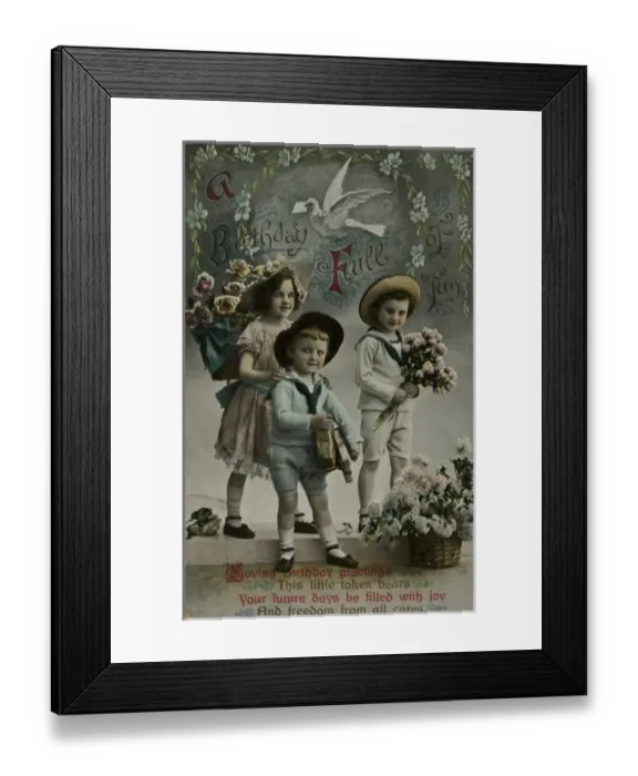 Framed Print : Three children bringing birthday flowers Framed Print : Three children bringing birthday flowers
