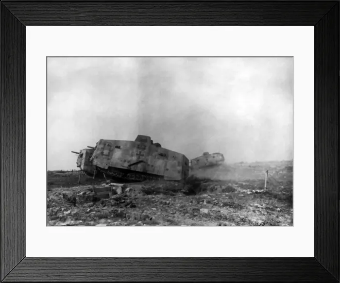 Framed Print : German tanks attacking Allied trench positions, WW1 Framed Print : German tanks attacking Allied trench positions, WW1