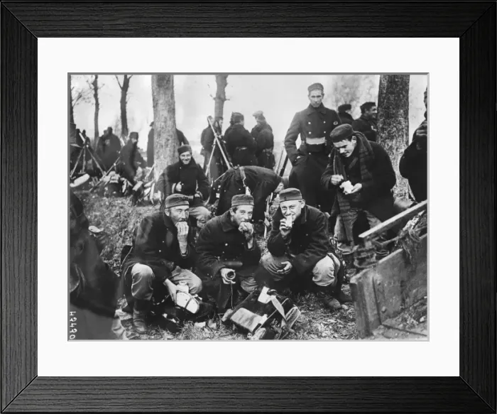 Framed Print : Belgian soldiers eating dinner, northern France, WW1 Framed Print : Belgian soldiers eating dinner, northern France, WW1