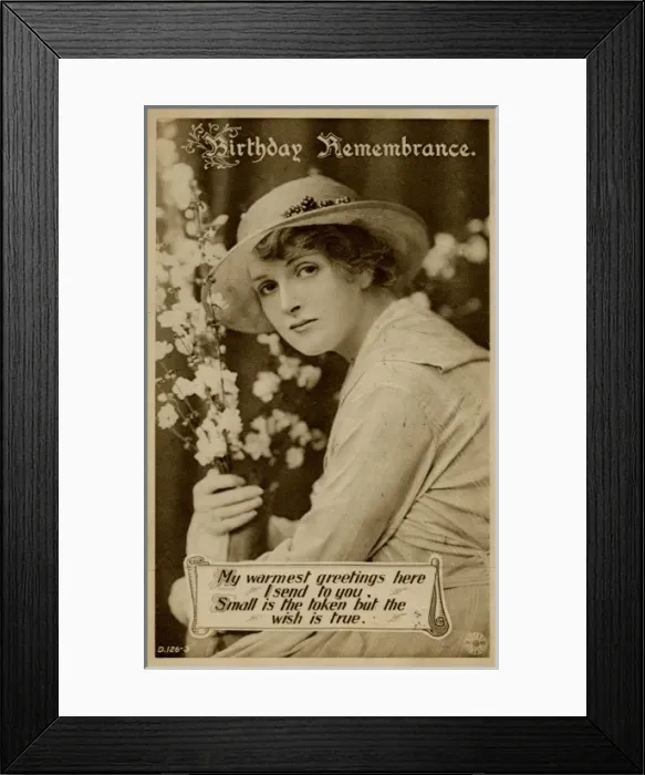 Framed Print : Young woman with flowers on a birthday postcard Framed Print : Young woman with flowers on a birthday postcard