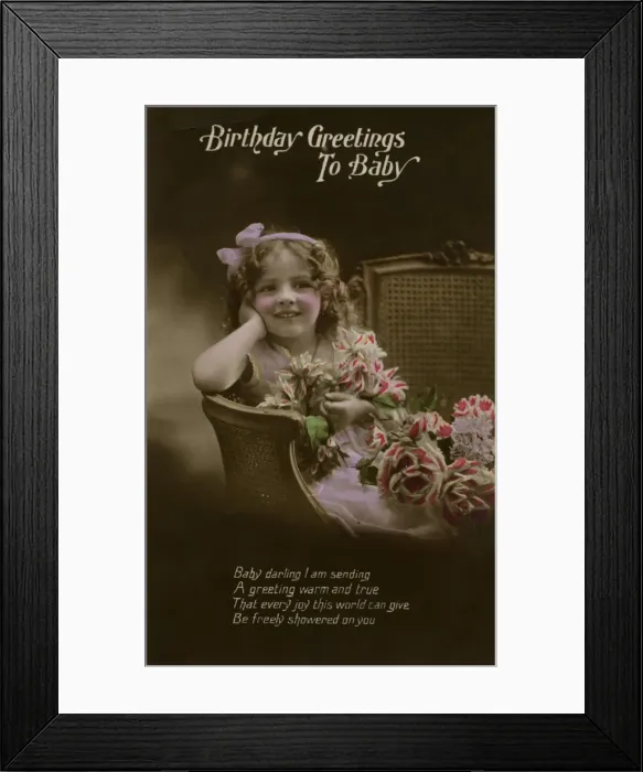 Framed Print : Little girl with flowers on a birthday postcard Framed Print : Little girl with flowers on a birthday postcard