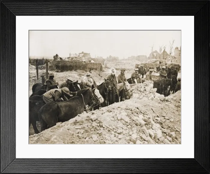 Framed Print : Watering point in ruined village, Western Front, WW1 Framed Print : Watering point in ruined village, Western Front, WW1
