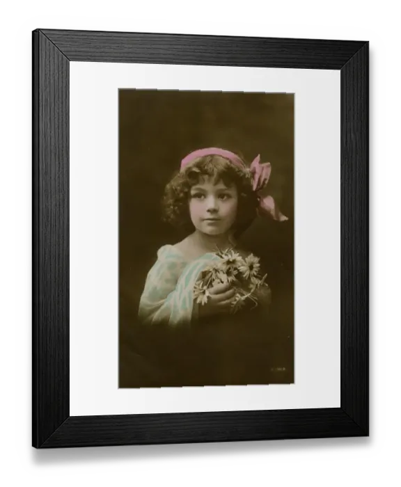 Framed Print : Little girl in pink, blue and white with flowers Framed Print : Little girl in pink, blue and white with flowers