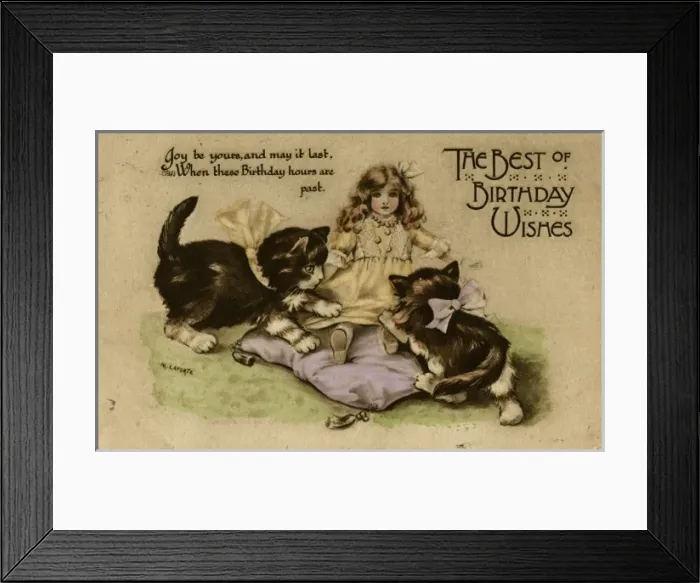Framed Print : Two kittens playing with a doll on a birthday postcard Framed Print : Two kittens playing with a doll on a birthday postcard