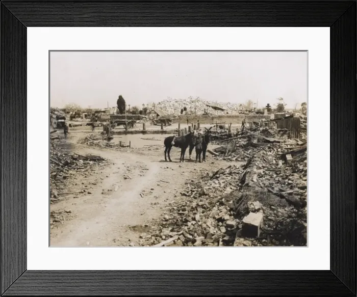 Framed Print : Scene in a ruined village, Western Front, WW1 Framed Print : Scene in a ruined village, Western Front, WW1