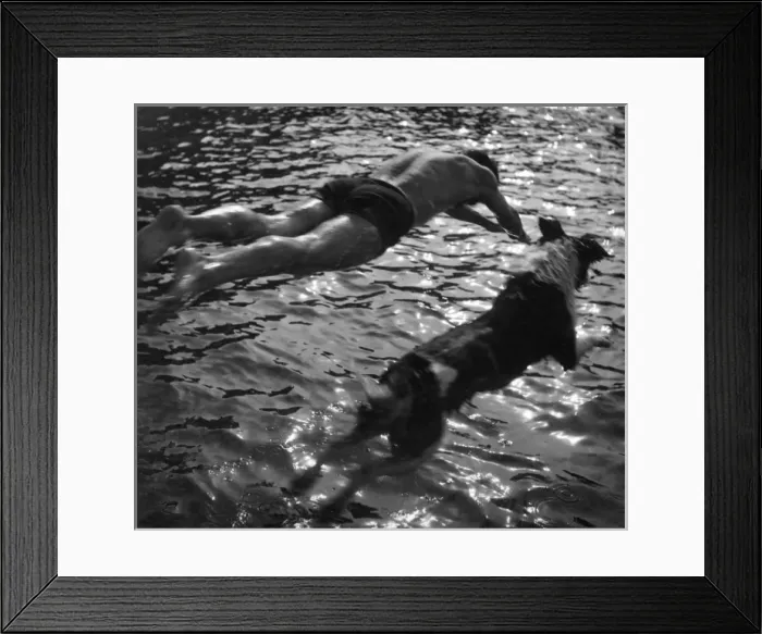 Framed Print : Diving Dude & Dog Framed Print : Diving Dude & Dog