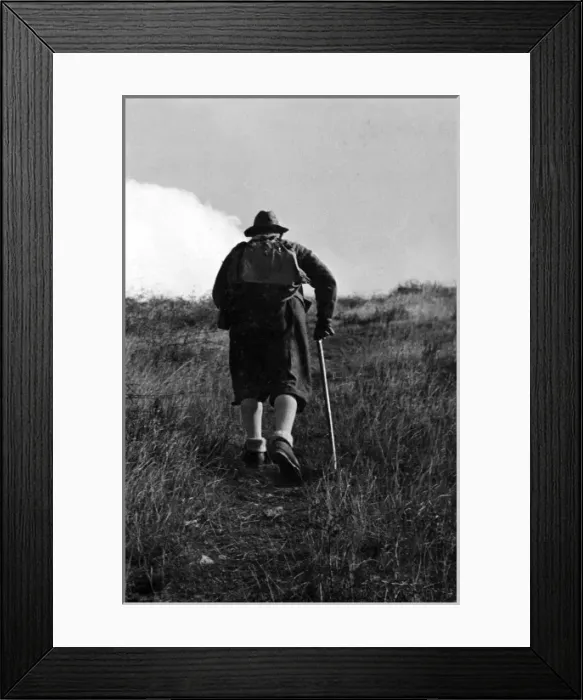 Framed Print : OLD HIKER. An old man takes to the hills for a healthy hike! Date: 1930s