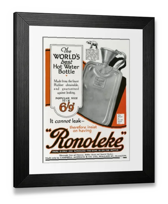Framed Print : Advert for Ronoleke hot water bottle Framed Print : Advert for Ronoleke hot water bottle