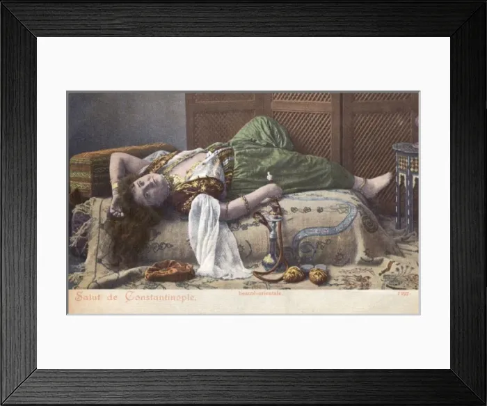 Framed Print : Reclining Oriental Beauty with Hookah Pipe Framed Print : Reclining Oriental Beauty with Hookah Pipe