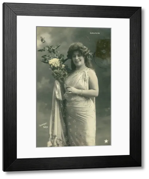 Framed Print : Smiling woman holding a bouquet Framed Print : Smiling woman holding a bouquet