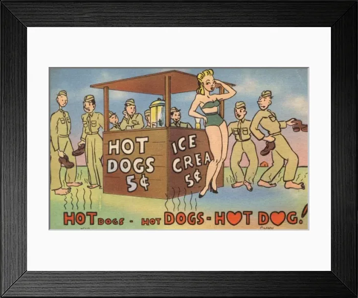 Framed Print : Saucy WWII Postcard - Hot Dog Stand