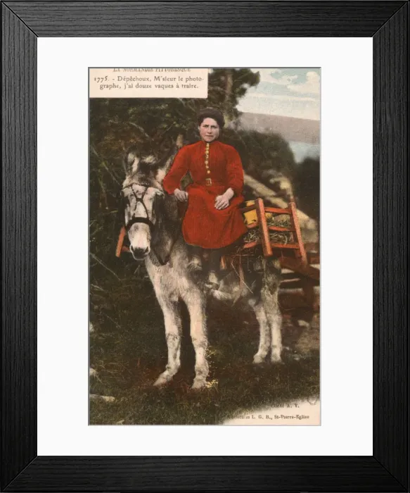 Framed Print : Woman from Normandy riding a mule Framed Print : Woman from Normandy riding a mule
