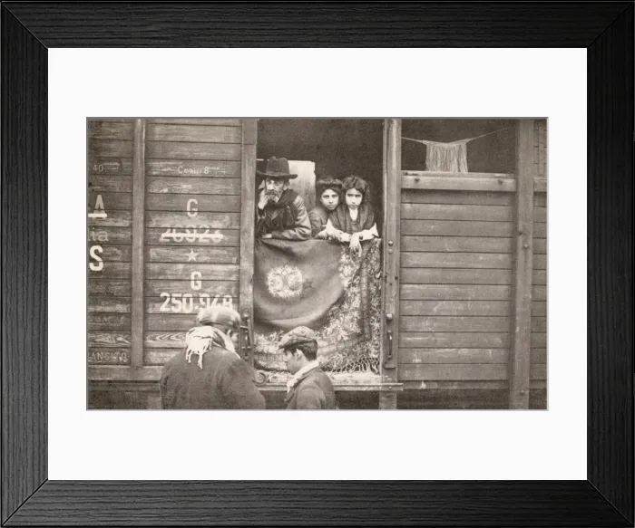 Framed Print : Jewish family camping inside a railway wagon Framed Print : Jewish family camping inside a railway wagon