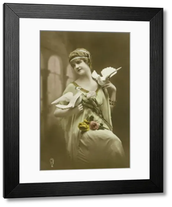 Framed Print : Woman posing with doves and flowers Framed Print : Woman posing with doves and flowers