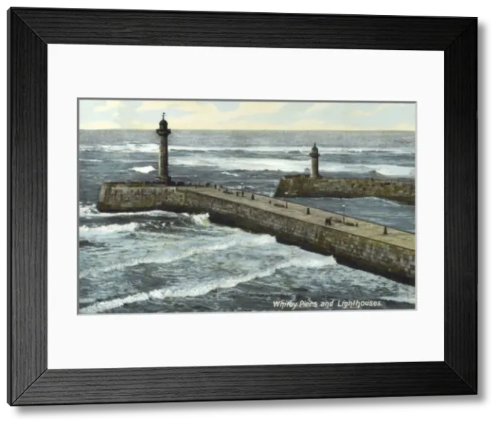 Framed Print : Whitby Piers and lighthouses, Yorkshire Framed Print : Whitby Piers and lighthouses, Yorkshire