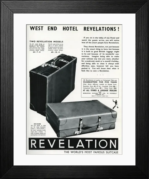 Framed Print : Advert fo Revelation suitcases 1937 Framed Print : Advert fo Revelation suitcases 1937