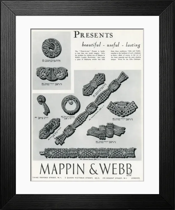 Framed Print : Advert for Mappin & Webb bracelets and clip brooches 1937 Framed Print : Advert for Mappin & Webb bracelets and clip brooches 1937