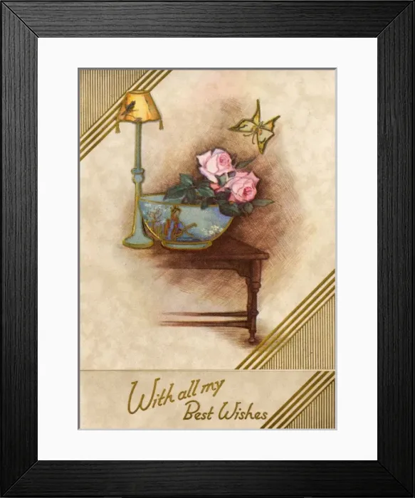 Framed Print : Birthday card with table, flowers and lamp Framed Print : Birthday card with table, flowers and lamp