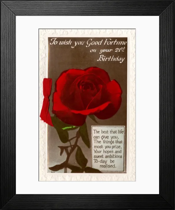 Framed Print : 21st birthday card with a single red rose Framed Print : 21st birthday card with a single red rose