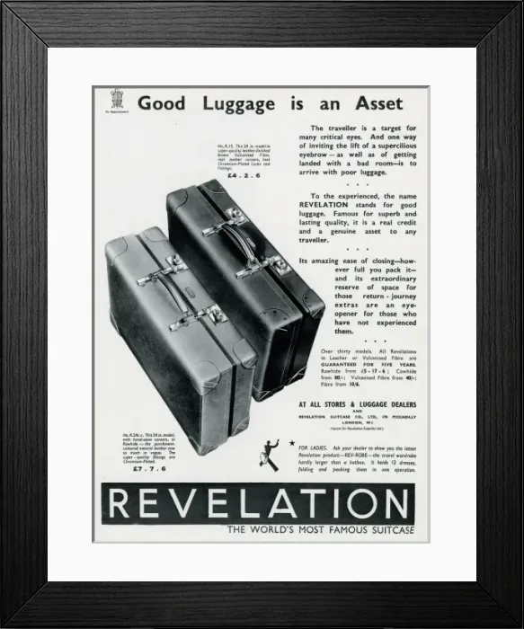 Framed Print : Advert fo Revelation suitcases 1937 Framed Print : Advert fo Revelation suitcases 1937