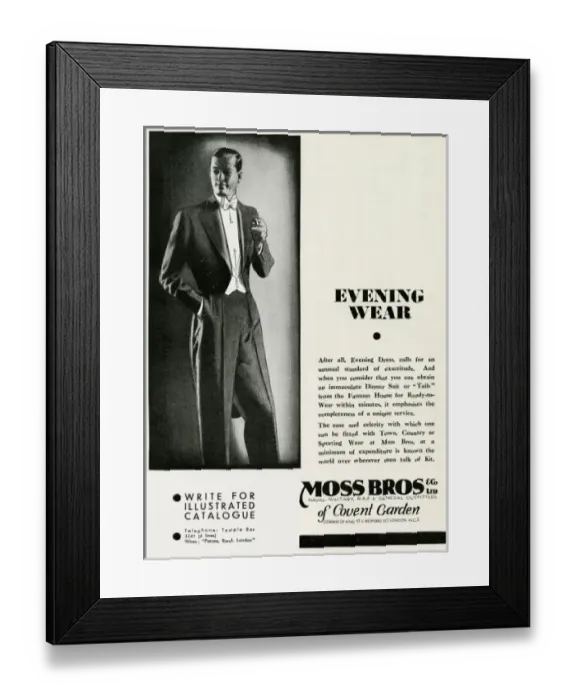 Framed Print : Advert for Moss Bros mens evening wear Framed Print : Advert for Moss Bros mens evening wear